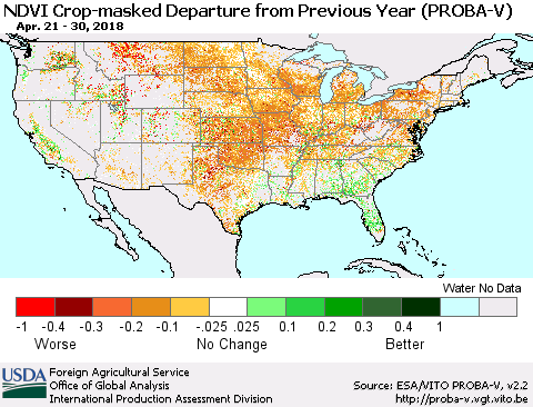 United States NDVI Crop-masked Departure from Previous Year (PROBA-V) Thematic Map For 4/21/2018 - 4/30/2018