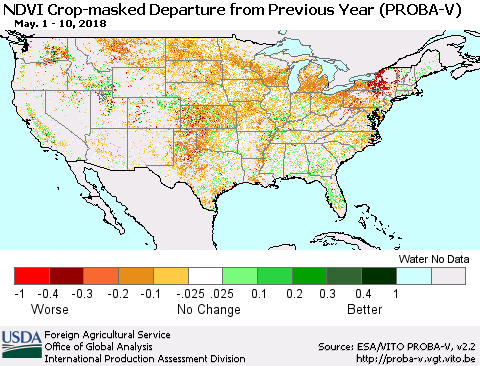 United States NDVI Crop-masked Departure from Previous Year (PROBA-V) Thematic Map For 5/1/2018 - 5/10/2018