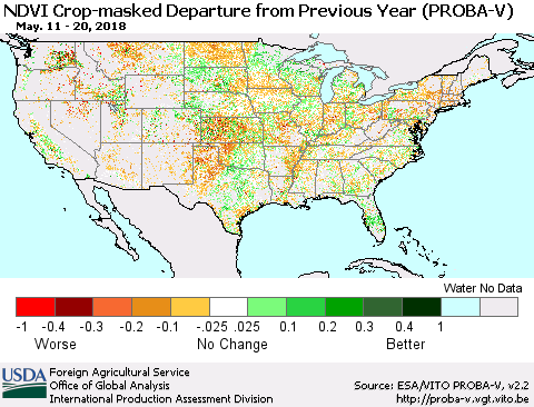 United States NDVI Crop-masked Departure from Previous Year (PROBA-V) Thematic Map For 5/11/2018 - 5/20/2018
