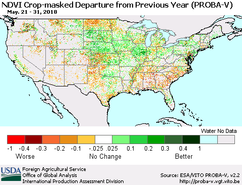 United States NDVI Crop-masked Departure from Previous Year (PROBA-V) Thematic Map For 5/21/2018 - 5/31/2018