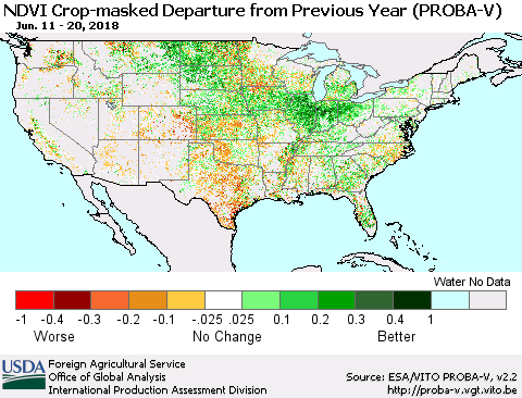 United States NDVI Crop-masked Departure from Previous Year (PROBA-V) Thematic Map For 6/11/2018 - 6/20/2018