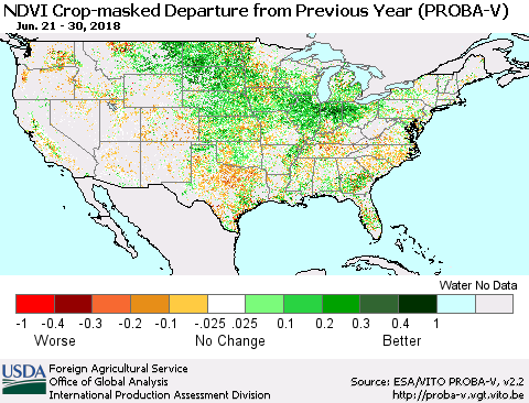 United States NDVI Crop-masked Departure from Previous Year (PROBA-V) Thematic Map For 6/21/2018 - 6/30/2018