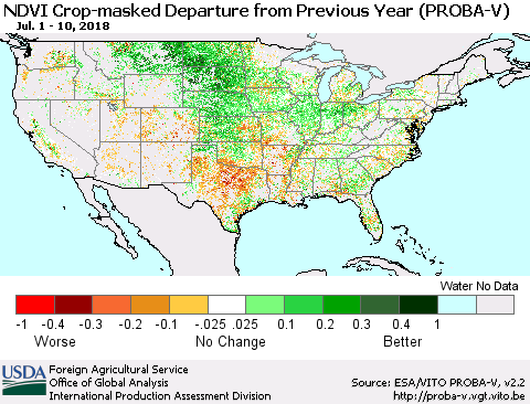 United States NDVI Crop-masked Departure from Previous Year (PROBA-V) Thematic Map For 7/1/2018 - 7/10/2018