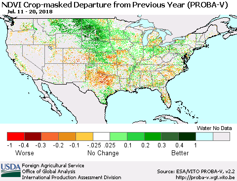 United States NDVI Crop-masked Departure from Previous Year (PROBA-V) Thematic Map For 7/11/2018 - 7/20/2018