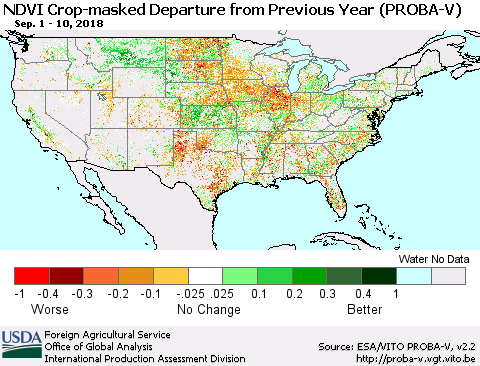 United States NDVI Crop-masked Departure from Previous Year (PROBA-V) Thematic Map For 9/1/2018 - 9/10/2018