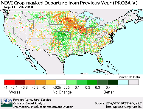 United States NDVI Crop-masked Departure from Previous Year (PROBA-V) Thematic Map For 9/11/2018 - 9/20/2018