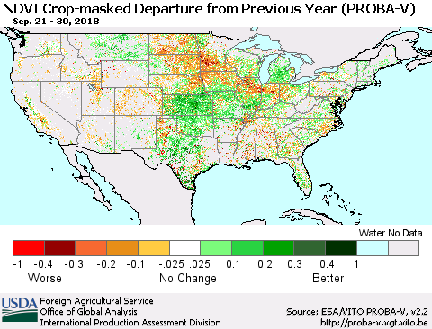 United States NDVI Crop-masked Departure from Previous Year (PROBA-V) Thematic Map For 9/21/2018 - 9/30/2018