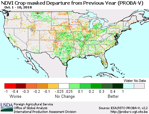 United States NDVI Crop-masked Departure from Previous Year (PROBA-V) Thematic Map For 10/1/2018 - 10/10/2018