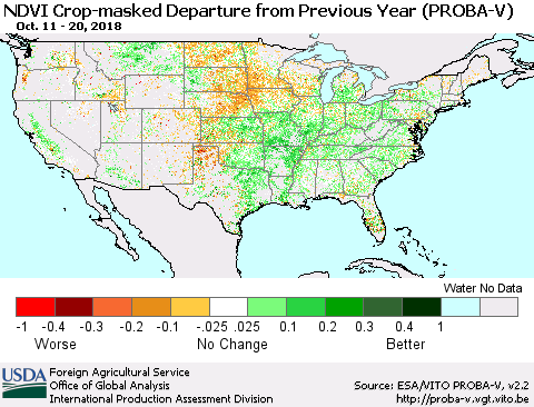 United States NDVI Crop-masked Departure from Previous Year (PROBA-V) Thematic Map For 10/11/2018 - 10/20/2018