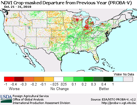 United States NDVI Crop-masked Departure from Previous Year (PROBA-V) Thematic Map For 10/21/2018 - 10/31/2018