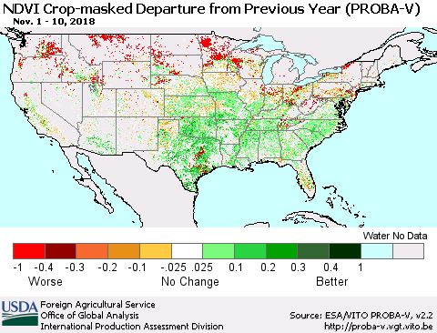United States NDVI Crop-masked Departure from Previous Year (PROBA-V) Thematic Map For 11/1/2018 - 11/10/2018