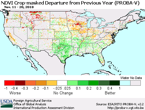 United States NDVI Crop-masked Departure from Previous Year (PROBA-V) Thematic Map For 11/11/2018 - 11/20/2018
