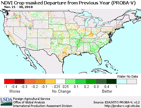 United States NDVI Crop-masked Departure from Previous Year (PROBA-V) Thematic Map For 11/21/2018 - 11/30/2018