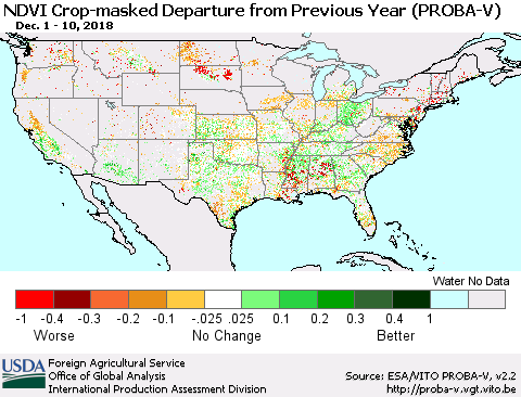 United States NDVI Crop-masked Departure from Previous Year (PROBA-V) Thematic Map For 12/1/2018 - 12/10/2018