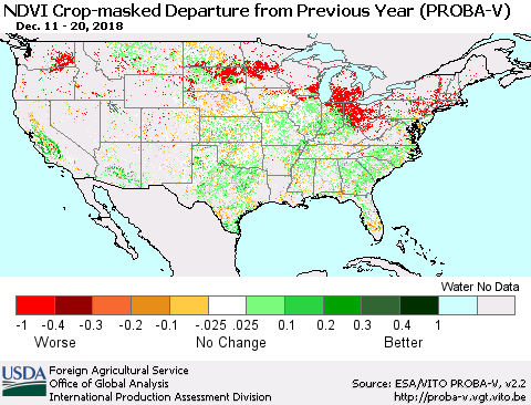 United States NDVI Crop-masked Departure from Previous Year (PROBA-V) Thematic Map For 12/11/2018 - 12/20/2018