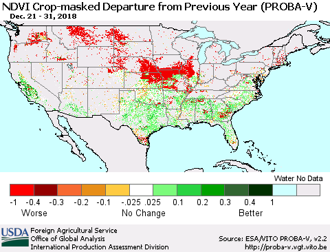 United States NDVI Crop-masked Departure from Previous Year (PROBA-V) Thematic Map For 12/21/2018 - 12/31/2018