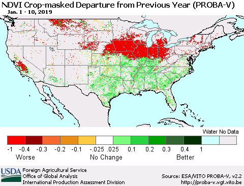 United States NDVI Crop-masked Departure from Previous Year (PROBA-V) Thematic Map For 1/1/2019 - 1/10/2019