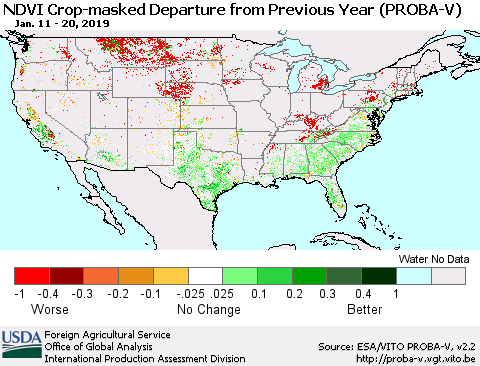 United States NDVI Crop-masked Departure from Previous Year (PROBA-V) Thematic Map For 1/11/2019 - 1/20/2019
