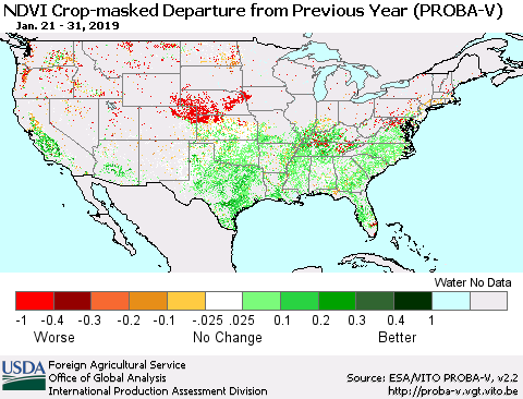 United States NDVI Crop-masked Departure from Previous Year (PROBA-V) Thematic Map For 1/21/2019 - 1/31/2019