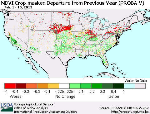 United States NDVI Crop-masked Departure from Previous Year (PROBA-V) Thematic Map For 2/1/2019 - 2/10/2019
