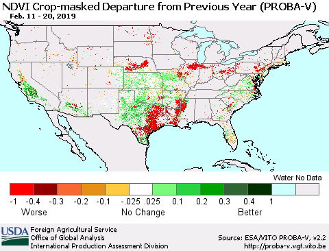 United States NDVI Crop-masked Departure from Previous Year (PROBA-V) Thematic Map For 2/11/2019 - 2/20/2019