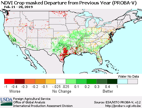 United States NDVI Crop-masked Departure from Previous Year (PROBA-V) Thematic Map For 2/21/2019 - 2/28/2019