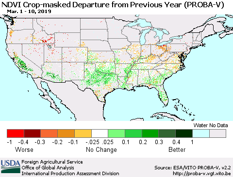United States NDVI Crop-masked Departure from Previous Year (PROBA-V) Thematic Map For 3/1/2019 - 3/10/2019