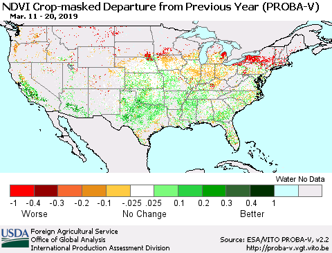 United States NDVI Crop-masked Departure from Previous Year (PROBA-V) Thematic Map For 3/11/2019 - 3/20/2019