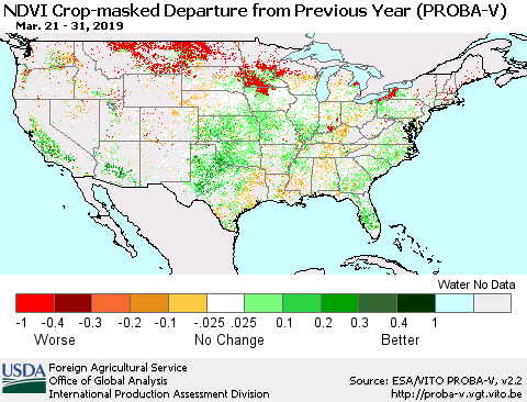 United States NDVI Crop-masked Departure from Previous Year (PROBA-V) Thematic Map For 3/21/2019 - 3/31/2019
