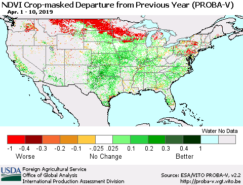 United States NDVI Crop-masked Departure from Previous Year (PROBA-V) Thematic Map For 4/1/2019 - 4/10/2019