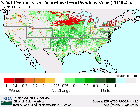 United States NDVI Crop-masked Departure from Previous Year (PROBA-V) Thematic Map For 4/11/2019 - 4/20/2019