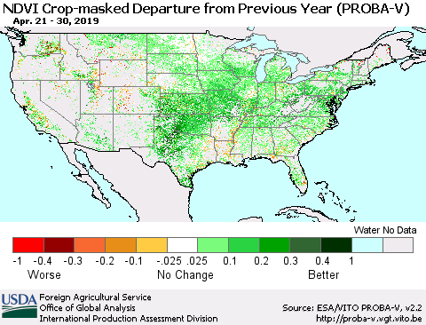 United States NDVI Crop-masked Departure from Previous Year (PROBA-V) Thematic Map For 4/21/2019 - 4/30/2019