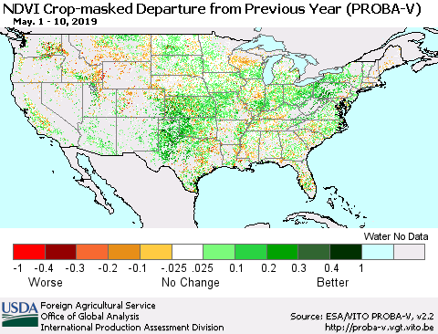 United States NDVI Crop-masked Departure from Previous Year (PROBA-V) Thematic Map For 5/1/2019 - 5/10/2019