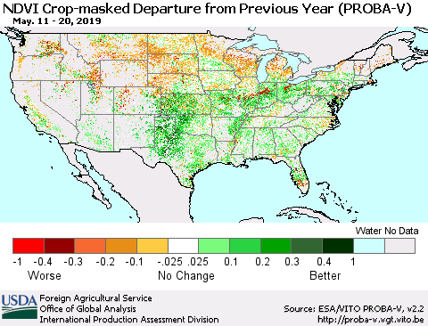 United States NDVI Crop-masked Departure from Previous Year (PROBA-V) Thematic Map For 5/11/2019 - 5/20/2019