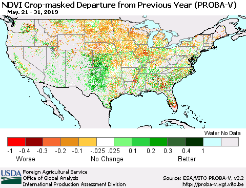 United States NDVI Crop-masked Departure from Previous Year (PROBA-V) Thematic Map For 5/21/2019 - 5/31/2019