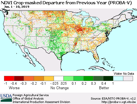 United States NDVI Crop-masked Departure from Previous Year (PROBA-V) Thematic Map For 6/1/2019 - 6/10/2019