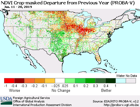 United States NDVI Crop-masked Departure from Previous Year (PROBA-V) Thematic Map For 6/11/2019 - 6/20/2019