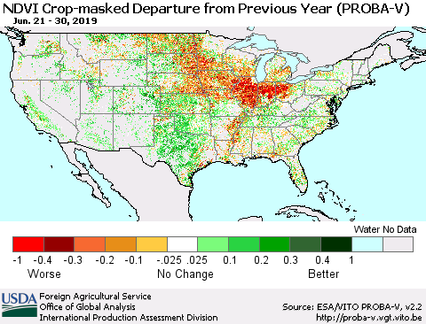 United States NDVI Crop-masked Departure from Previous Year (PROBA-V) Thematic Map For 6/21/2019 - 6/30/2019