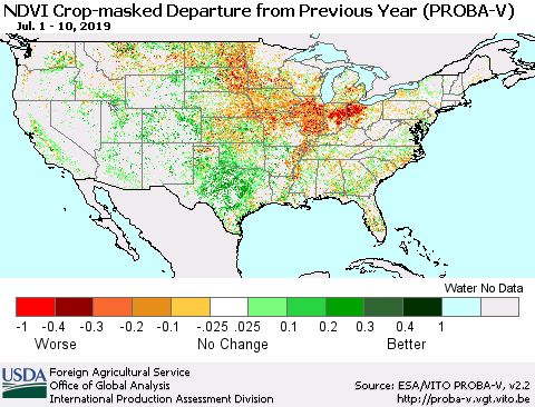 United States NDVI Crop-masked Departure from Previous Year (PROBA-V) Thematic Map For 7/1/2019 - 7/10/2019