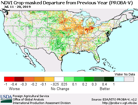 United States NDVI Crop-masked Departure from Previous Year (PROBA-V) Thematic Map For 7/11/2019 - 7/20/2019