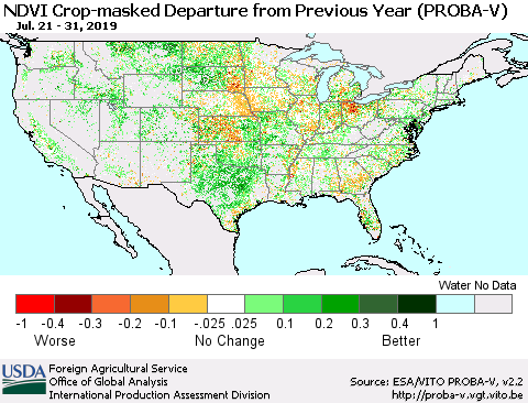 United States NDVI Crop-masked Departure from Previous Year (PROBA-V) Thematic Map For 7/21/2019 - 7/31/2019