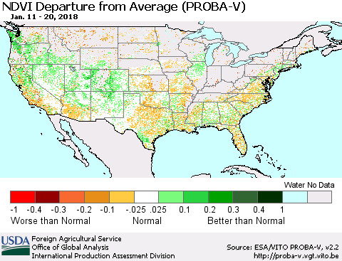 United States NDVI Departure from Average (PROBA-V) Thematic Map For 1/11/2018 - 1/20/2018