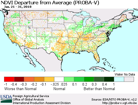 United States NDVI Departure from Average (PROBA-V) Thematic Map For 1/21/2018 - 1/31/2018