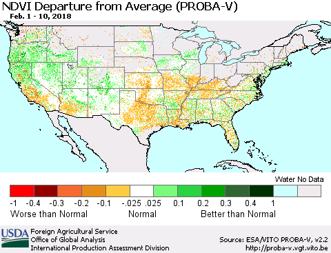 United States NDVI Departure from Average (PROBA-V) Thematic Map For 2/1/2018 - 2/10/2018