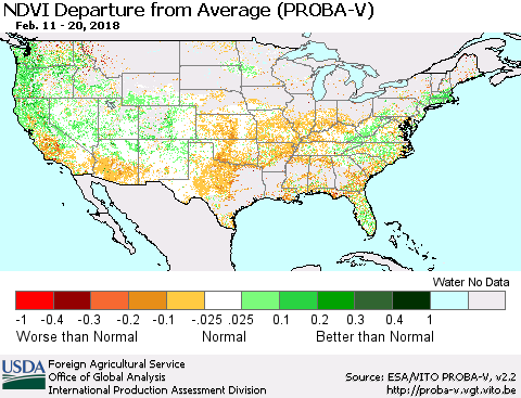 United States NDVI Departure from Average (PROBA-V) Thematic Map For 2/11/2018 - 2/20/2018
