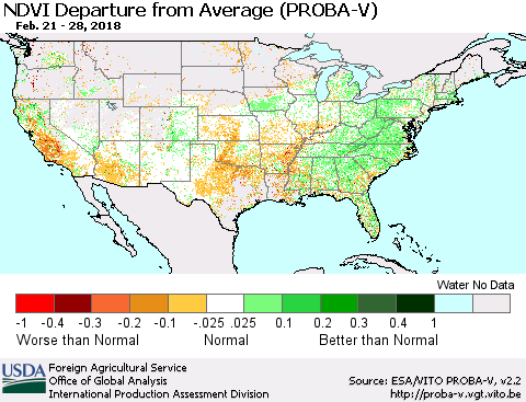 United States NDVI Departure from Average (PROBA-V) Thematic Map For 2/21/2018 - 2/28/2018