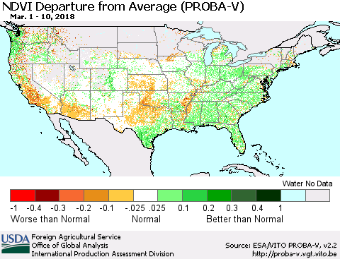United States NDVI Departure from Average (PROBA-V) Thematic Map For 3/1/2018 - 3/10/2018