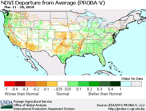 United States NDVI Departure from Average (PROBA-V) Thematic Map For 3/11/2018 - 3/20/2018