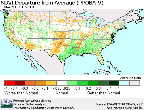 United States NDVI Departure from Average (PROBA-V) Thematic Map For 3/21/2018 - 3/31/2018