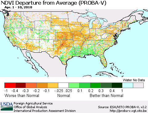 United States NDVI Departure from Average (PROBA-V) Thematic Map For 4/1/2018 - 4/10/2018